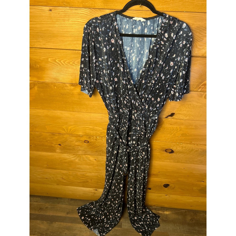 Melloday Floral Print Jumpsuit Pleated Wide Leg Black Pink Large Faux Wrap pocet